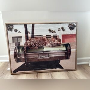 BRAND NEW! Desenio Photography Leopard on Car Art Framed Canvas  20x28 inches